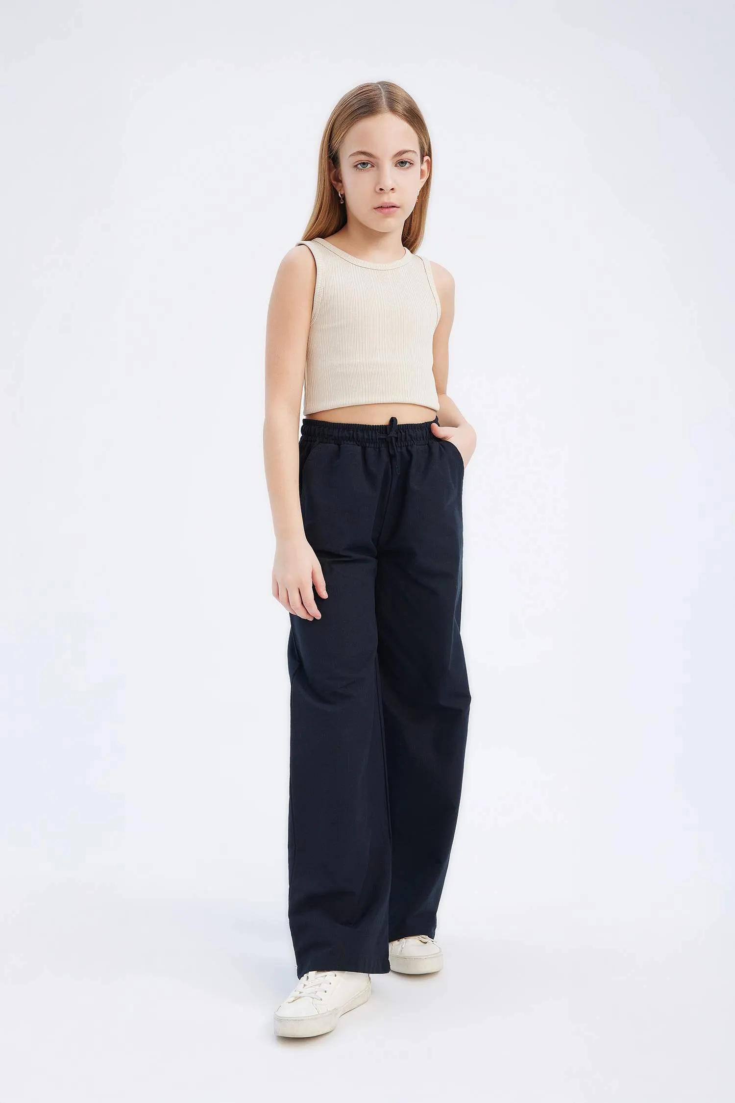 Girls Baby Waist Rubber Wide Leg Wide Wide Pale Cotton Pants