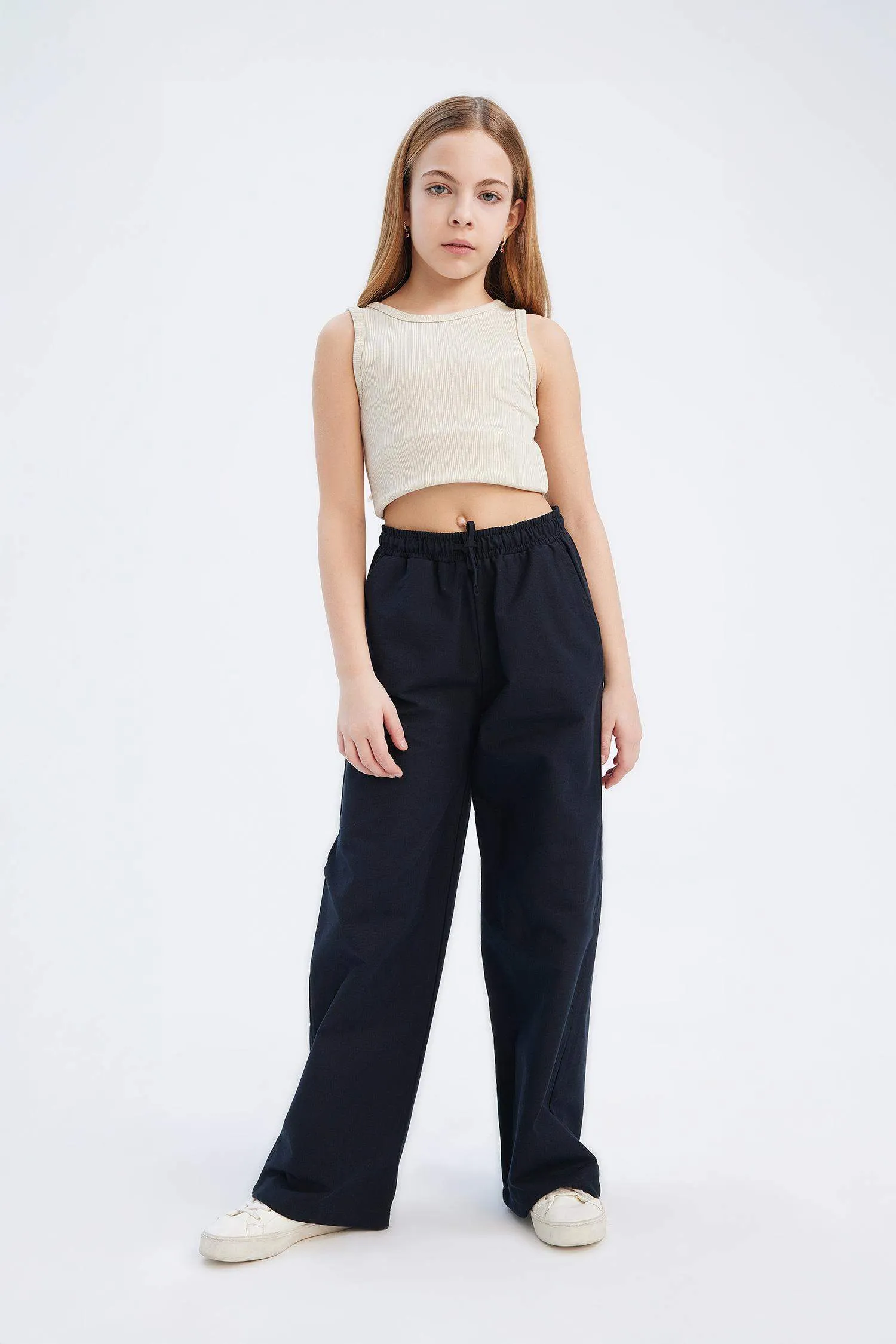 Girls Baby Waist Rubber Wide Leg Wide Wide Pale Cotton Pants