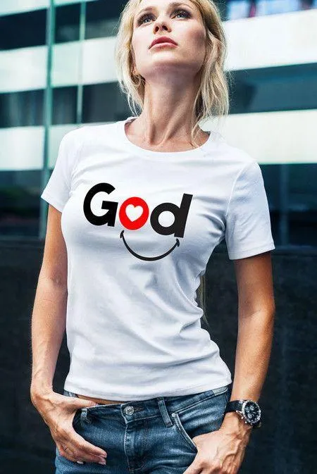 GOD Letter Printed T-Shirt For Elegant Women