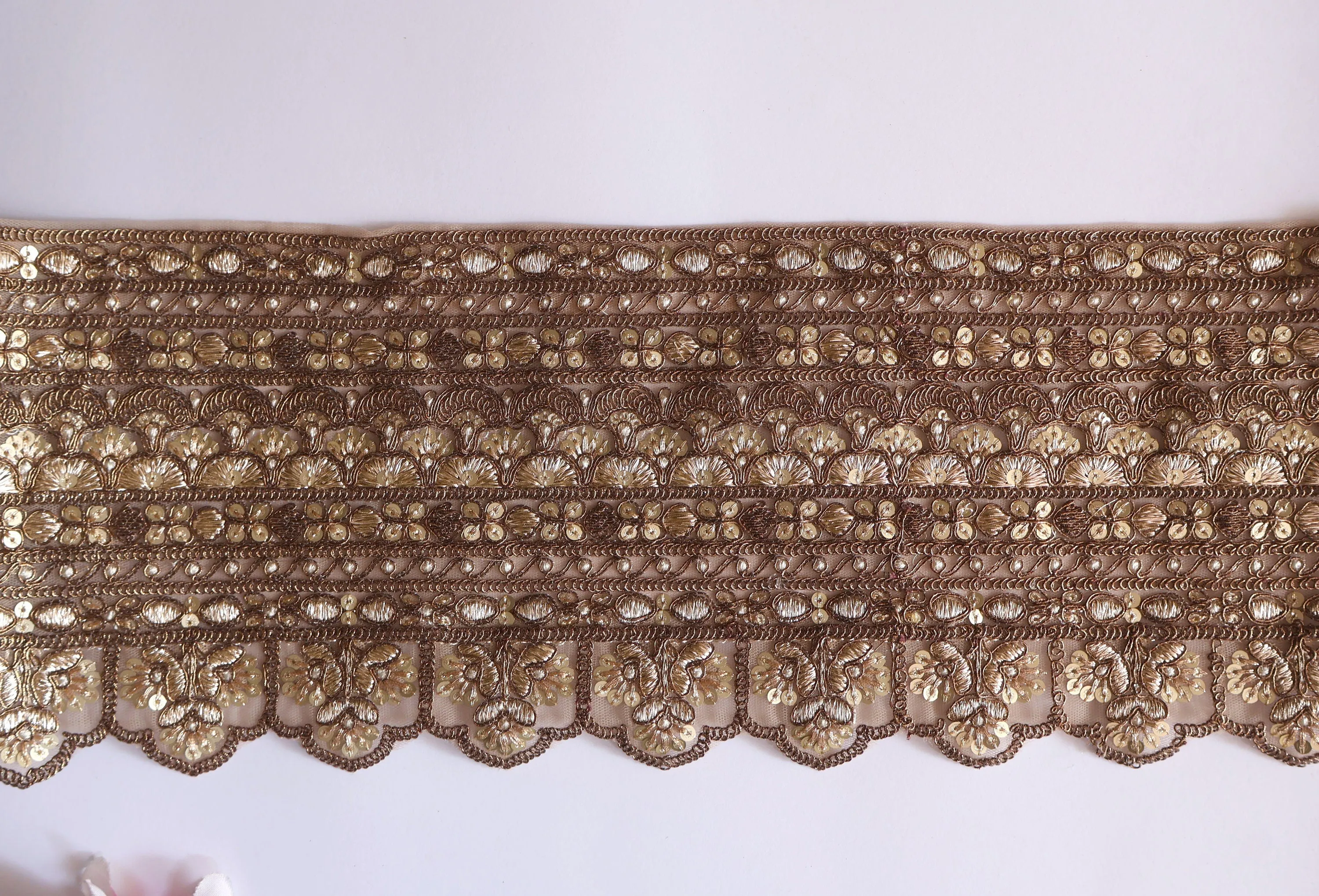 Golden Brown Broad Zari Scalloped Embroidered Trim Lace 16 cm - 1 Yard