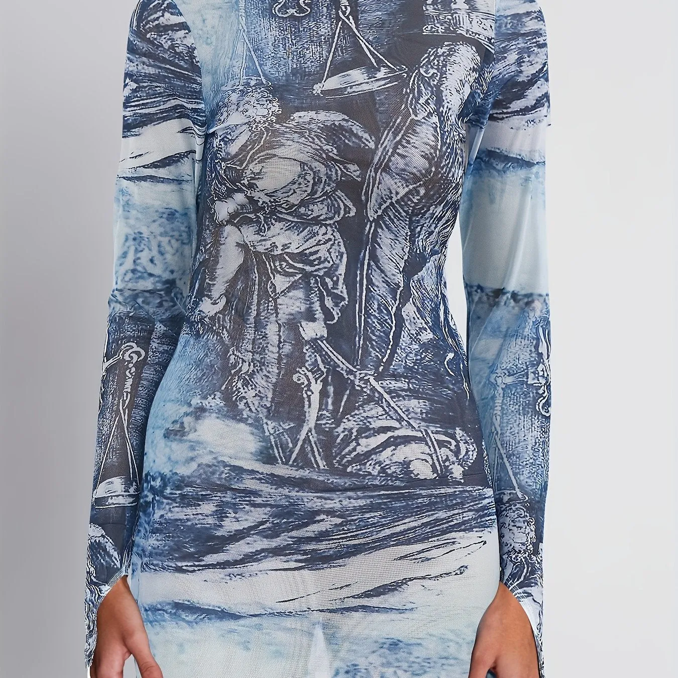 Graphic Print Slim Tunics, Versatile Long Sleeve Mesh Top For Spring & Fall, Women's Clothing