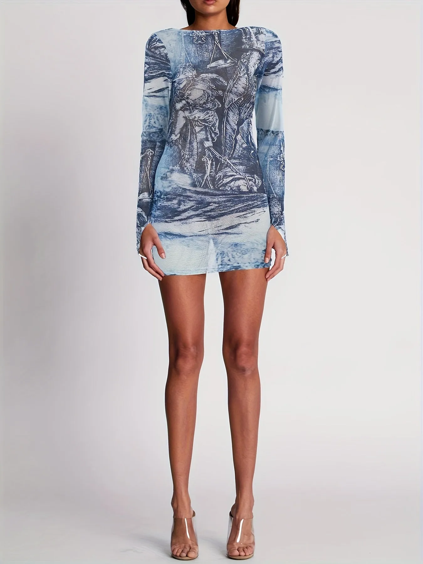 Graphic Print Slim Tunics, Versatile Long Sleeve Mesh Top For Spring & Fall, Women's Clothing