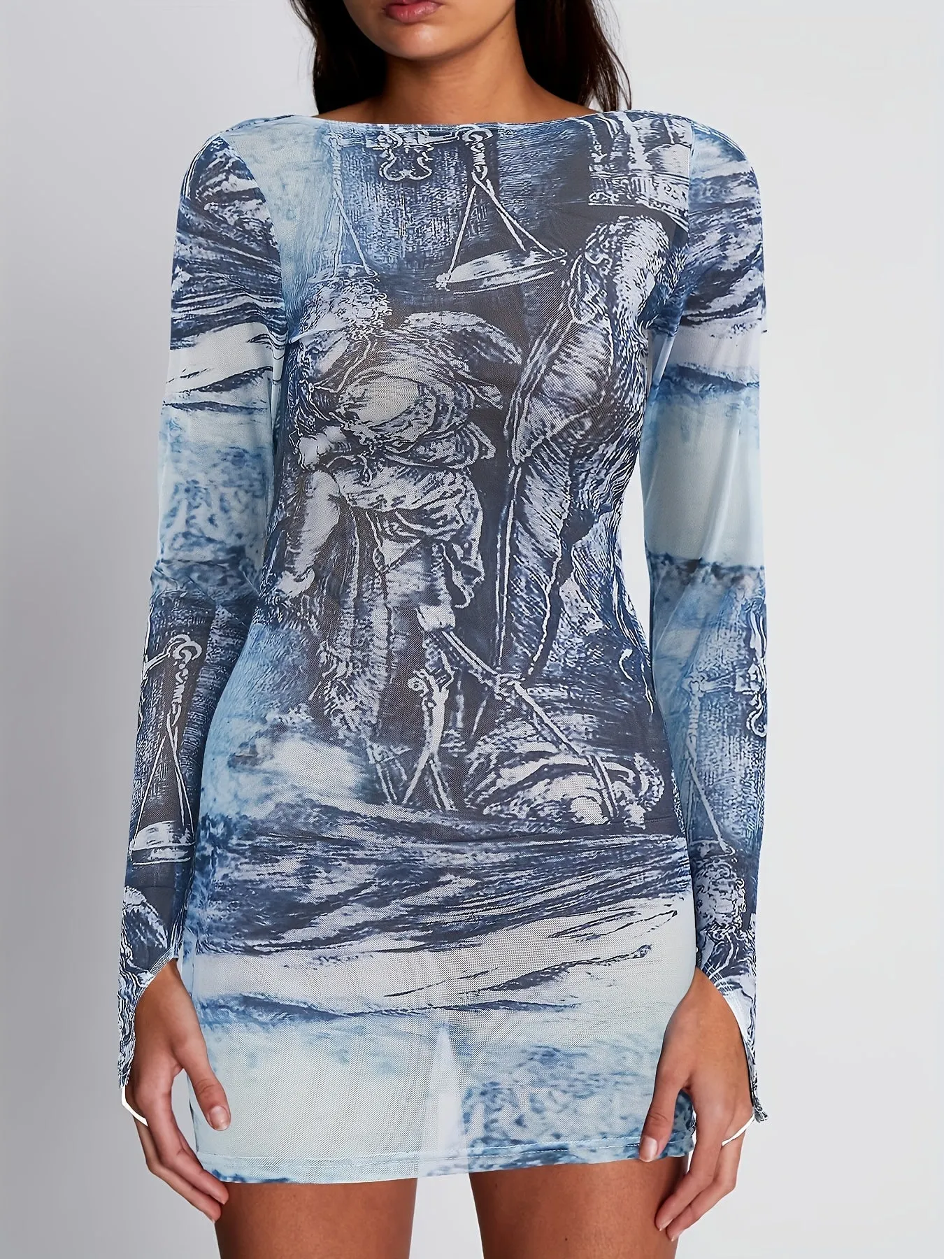 Graphic Print Slim Tunics, Versatile Long Sleeve Mesh Top For Spring & Fall, Women's Clothing