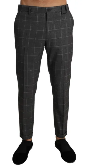 Gray Cotton Checkered Slim Trousers Pants