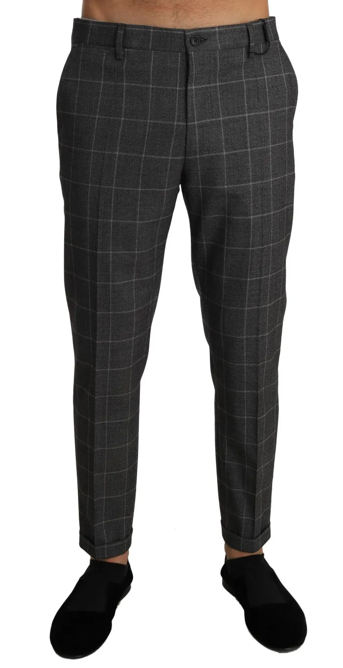 Gray Cotton Checkered Slim Trousers Pants