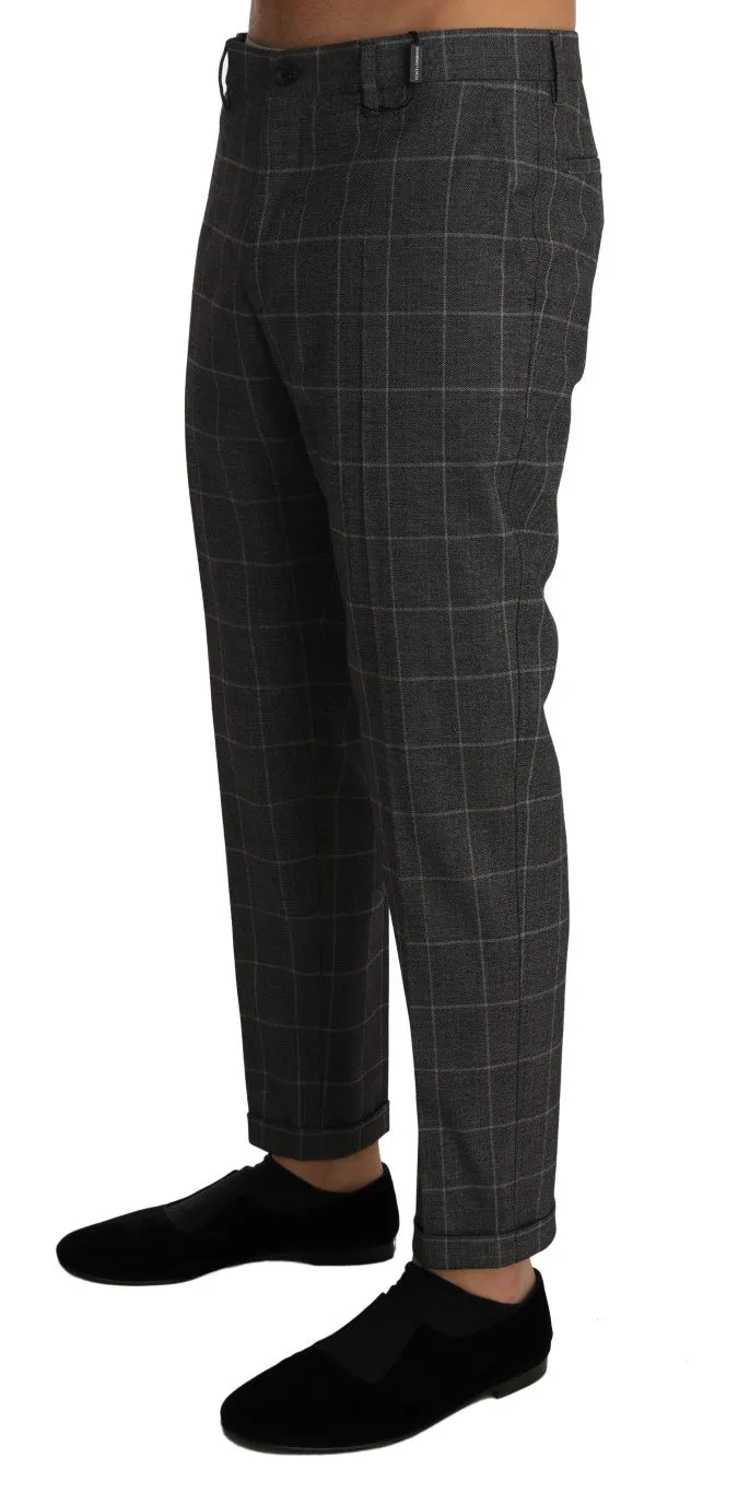 Gray Cotton Checkered Slim Trousers Pants