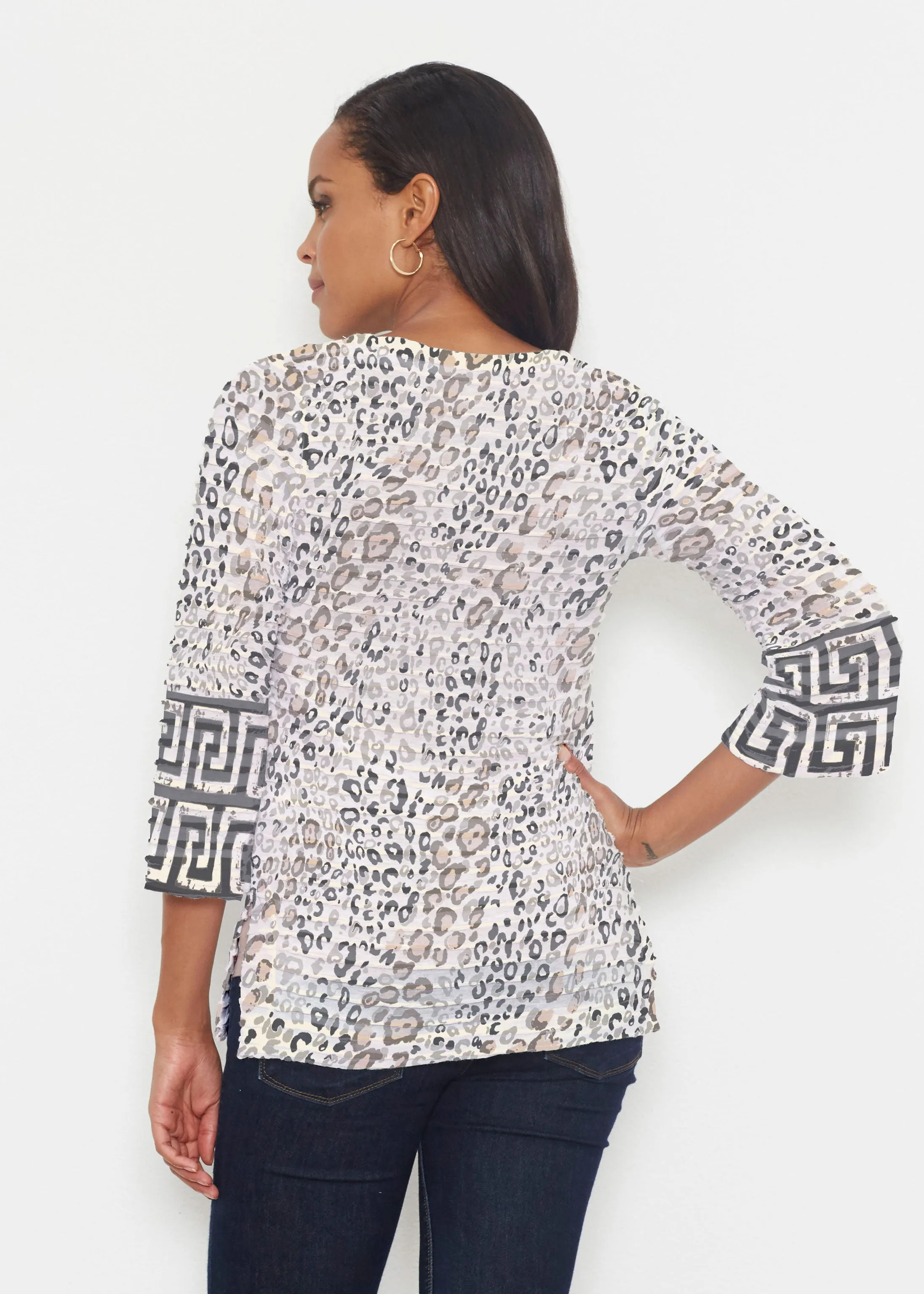 Greek Cat Grey (7752) ~ Banded 3/4 Bell-Sleeve V-Neck Tunic