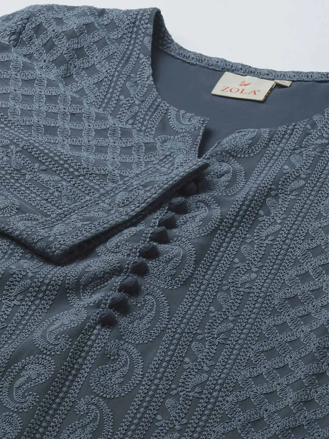 Grey Paisley Embroidered Georgette Lucknowi Chikankari Thigh Length Tunic For Women - ZOLA