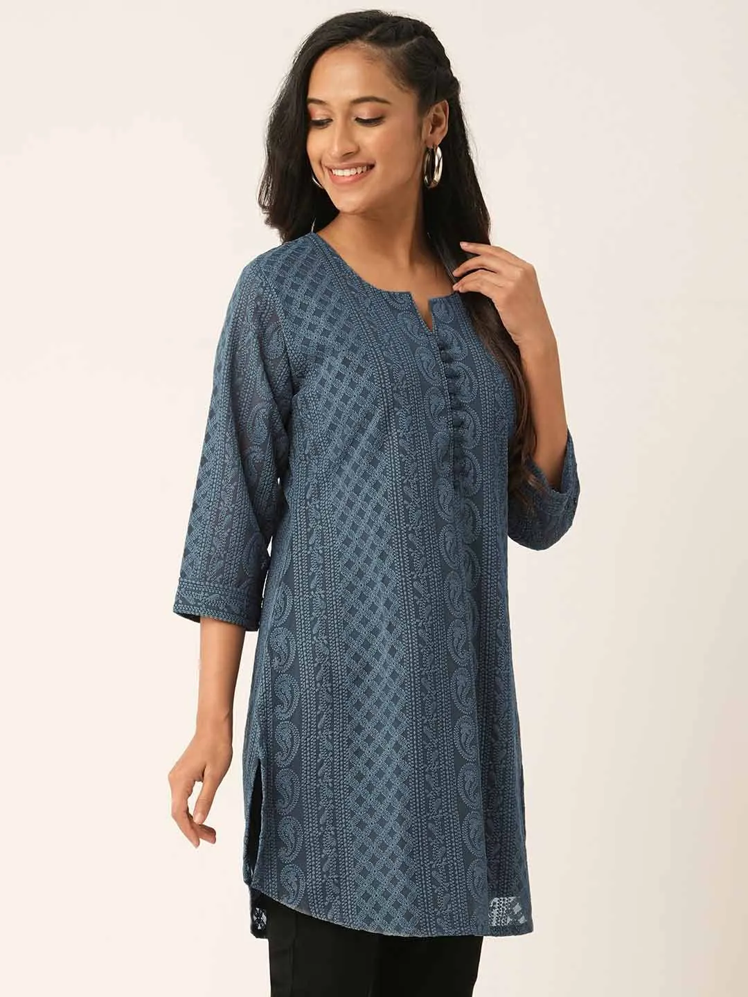 Grey Paisley Embroidered Georgette Lucknowi Chikankari Thigh Length Tunic For Women - ZOLA