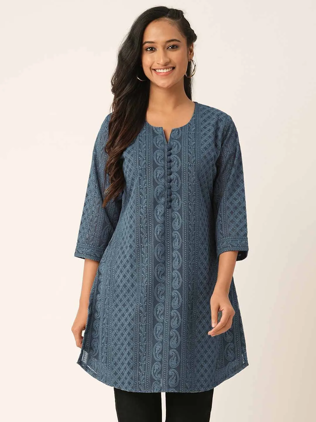 Grey Paisley Embroidered Georgette Lucknowi Chikankari Thigh Length Tunic For Women - ZOLA