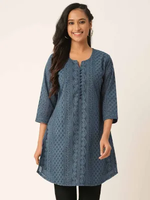 Grey Paisley Embroidered Georgette Lucknowi Chikankari Thigh Length Tunic For Women - ZOLA
