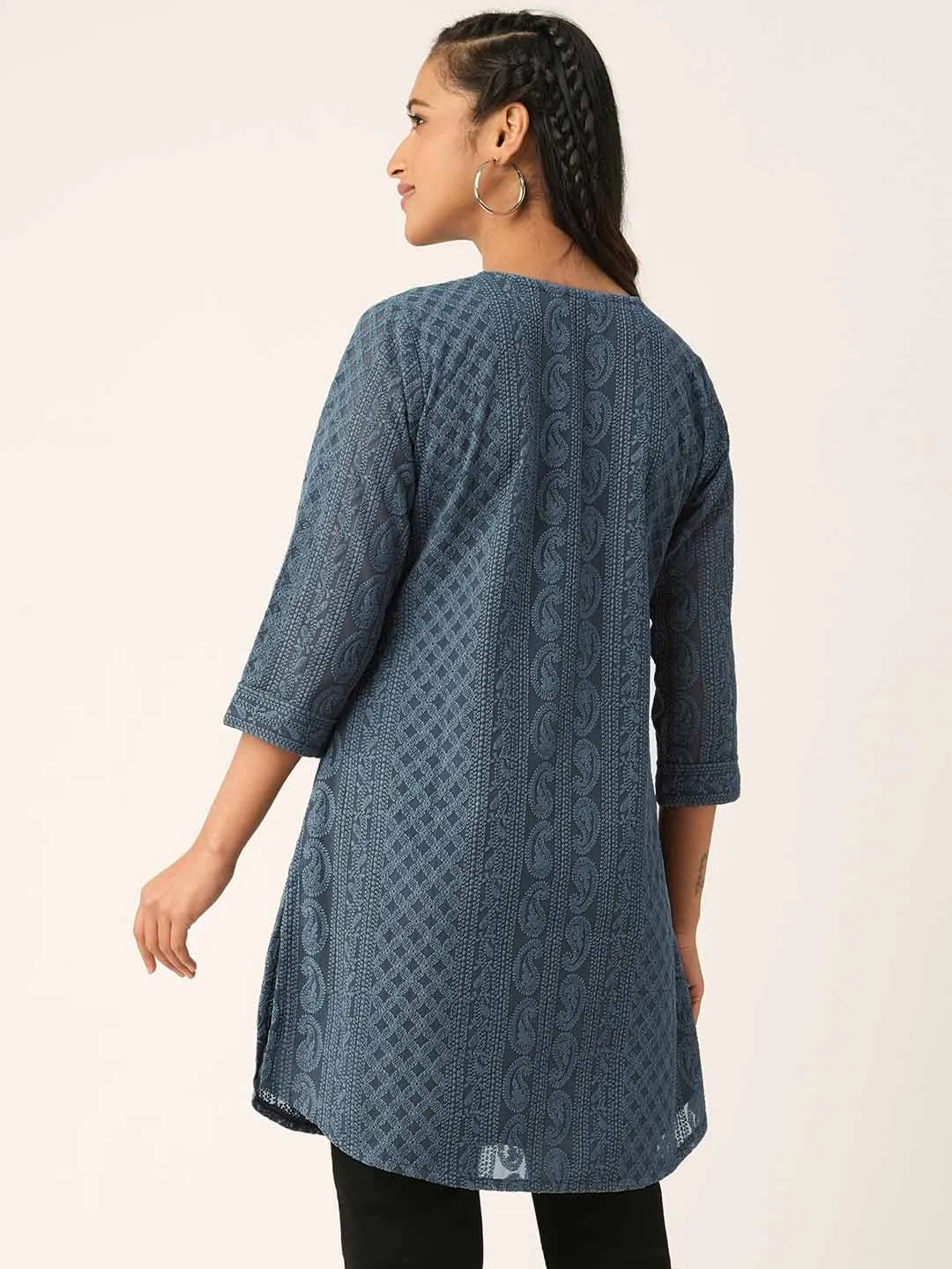Grey Paisley Embroidered Georgette Lucknowi Chikankari Thigh Length Tunic For Women - ZOLA