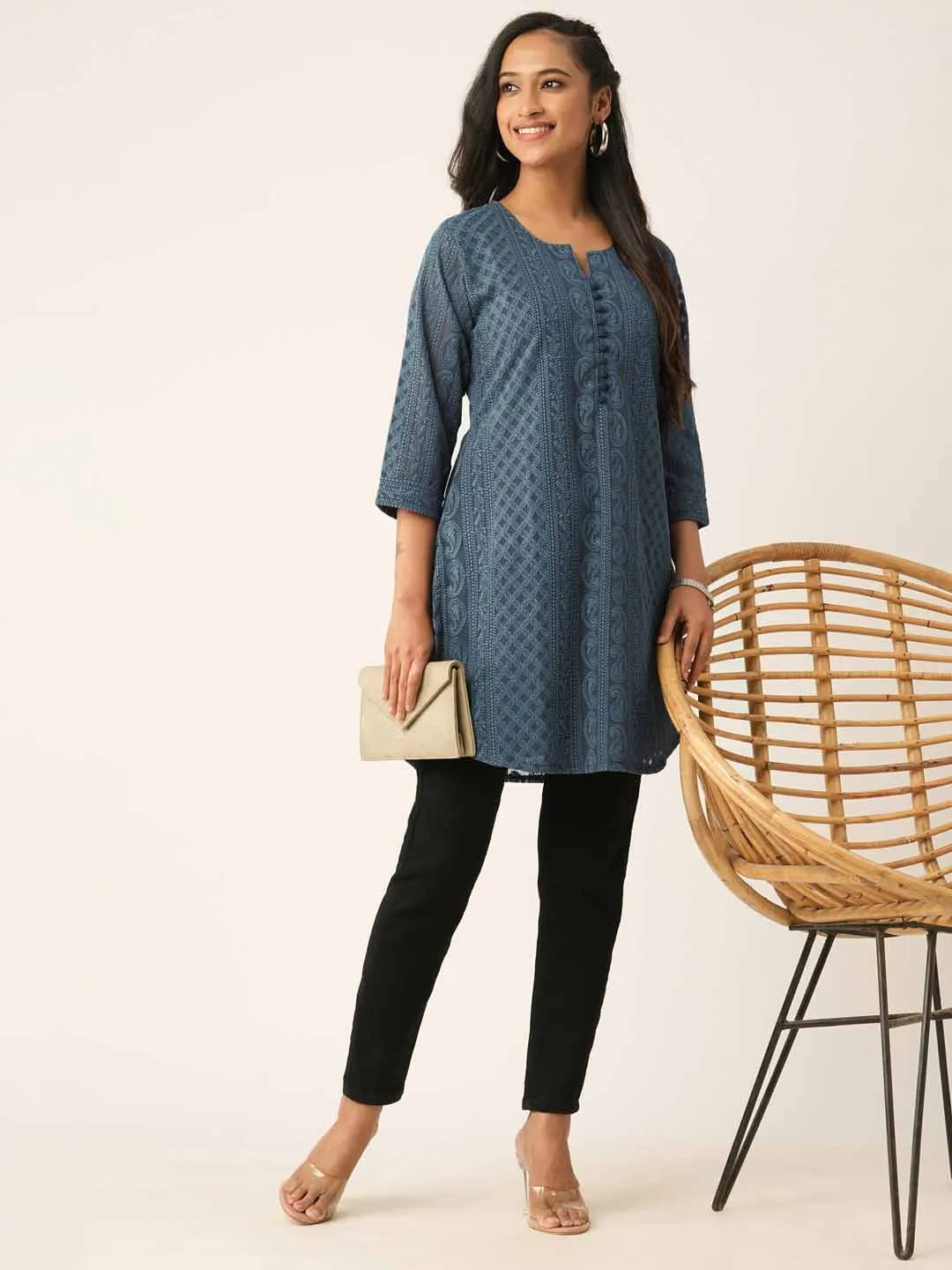 Grey Paisley Embroidered Georgette Lucknowi Chikankari Thigh Length Tunic For Women - ZOLA