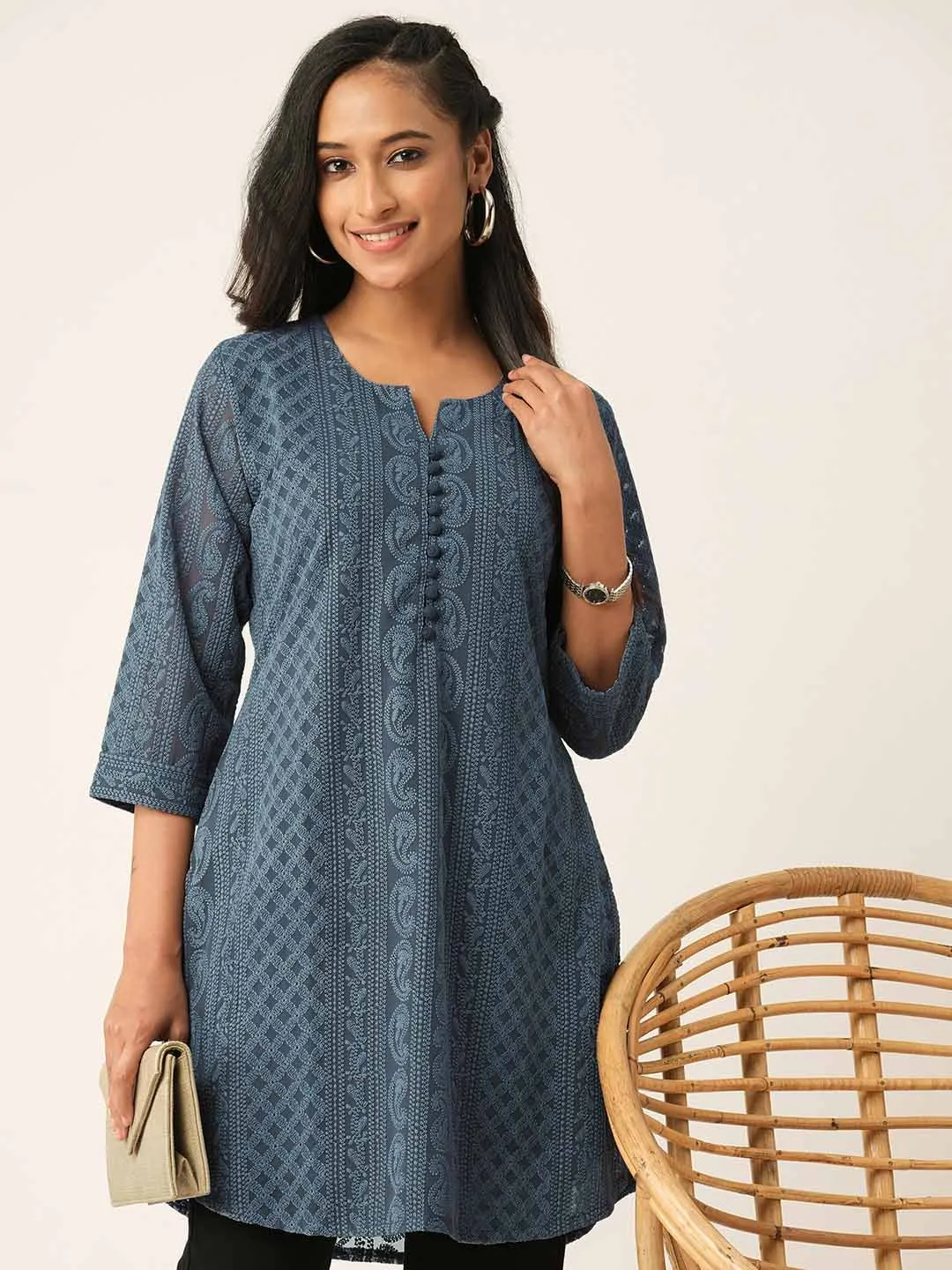 Grey Paisley Embroidered Georgette Lucknowi Chikankari Thigh Length Tunic For Women - ZOLA