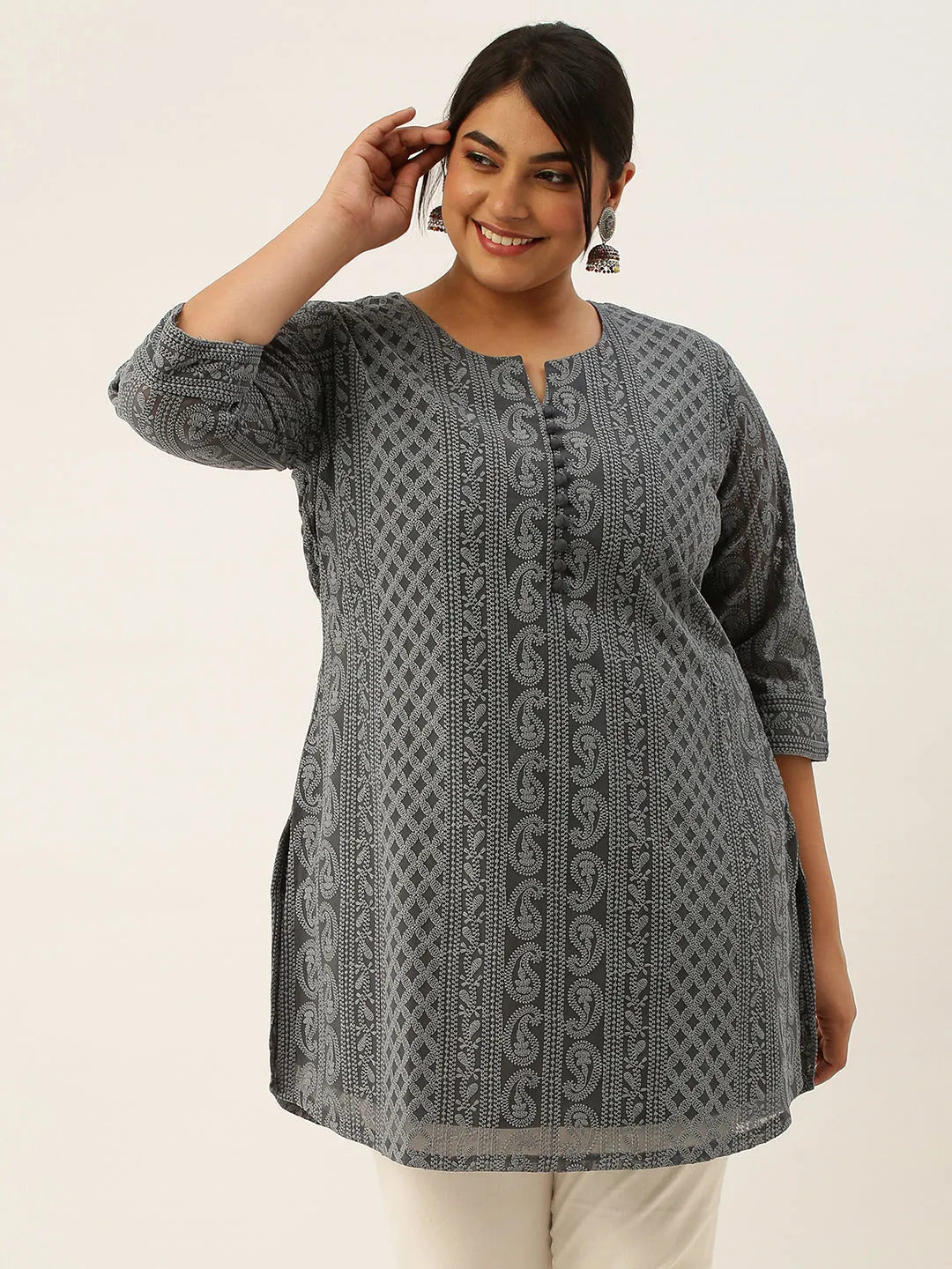 Grey Plus Size Chikankari Tunic For Women - Paisley Embroidered Georgette Lucknowi Tunic