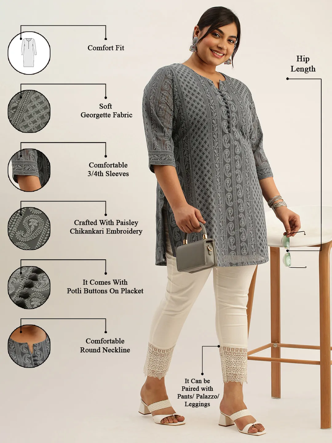 Grey Plus Size Chikankari Tunic For Women - Paisley Embroidered Georgette Lucknowi Tunic