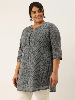 Grey Plus Size Chikankari Tunic For Women - Paisley Embroidered Georgette Lucknowi Tunic