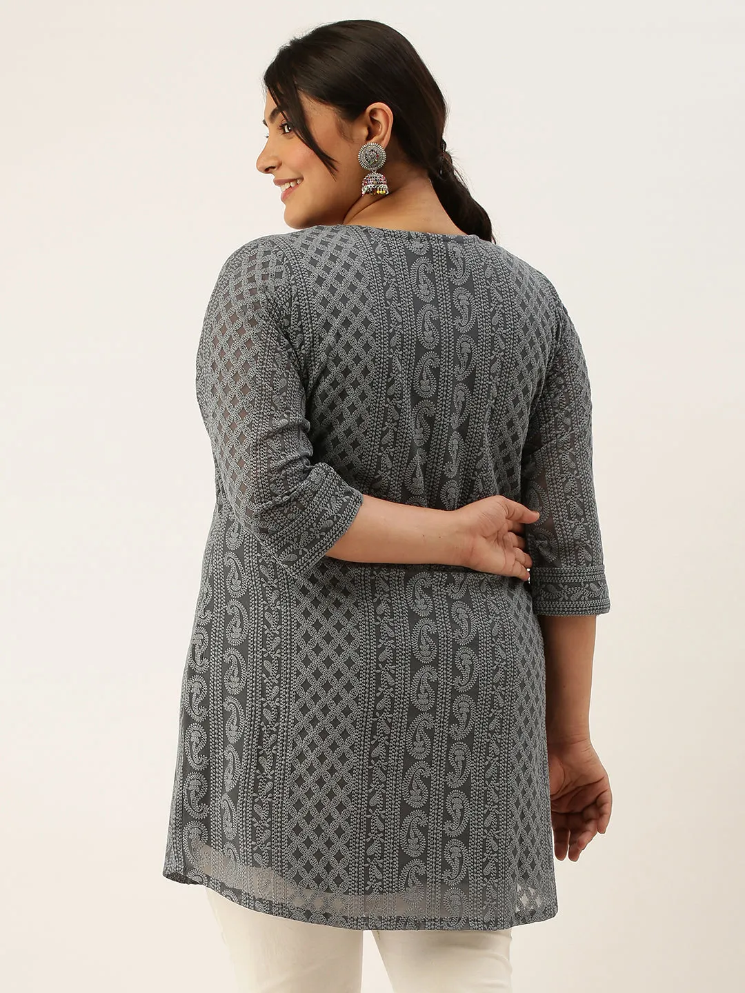 Grey Plus Size Chikankari Tunic For Women - Paisley Embroidered Georgette Lucknowi Tunic