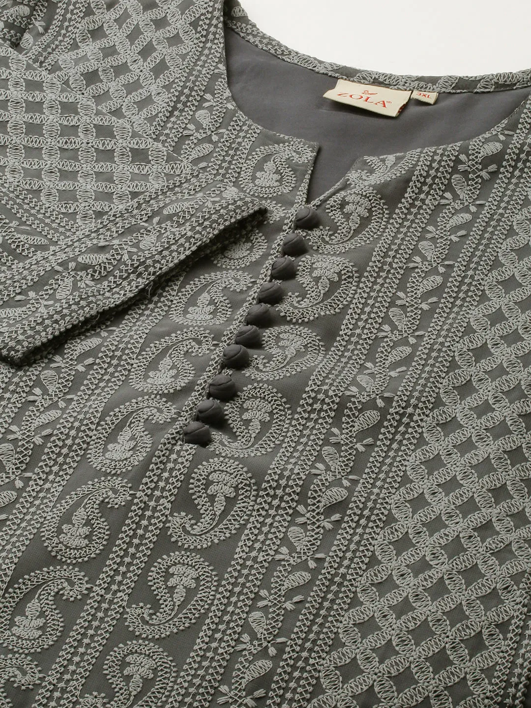 Grey Plus Size Chikankari Tunic For Women - Paisley Embroidered Georgette Lucknowi Tunic