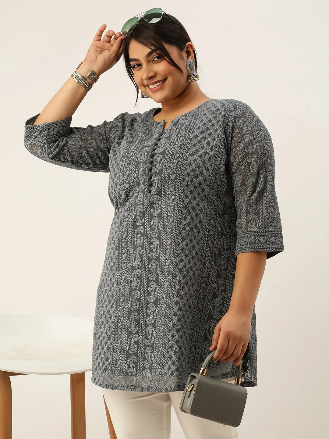 Grey Plus Size Chikankari Tunic For Women - Paisley Embroidered Georgette Lucknowi Tunic