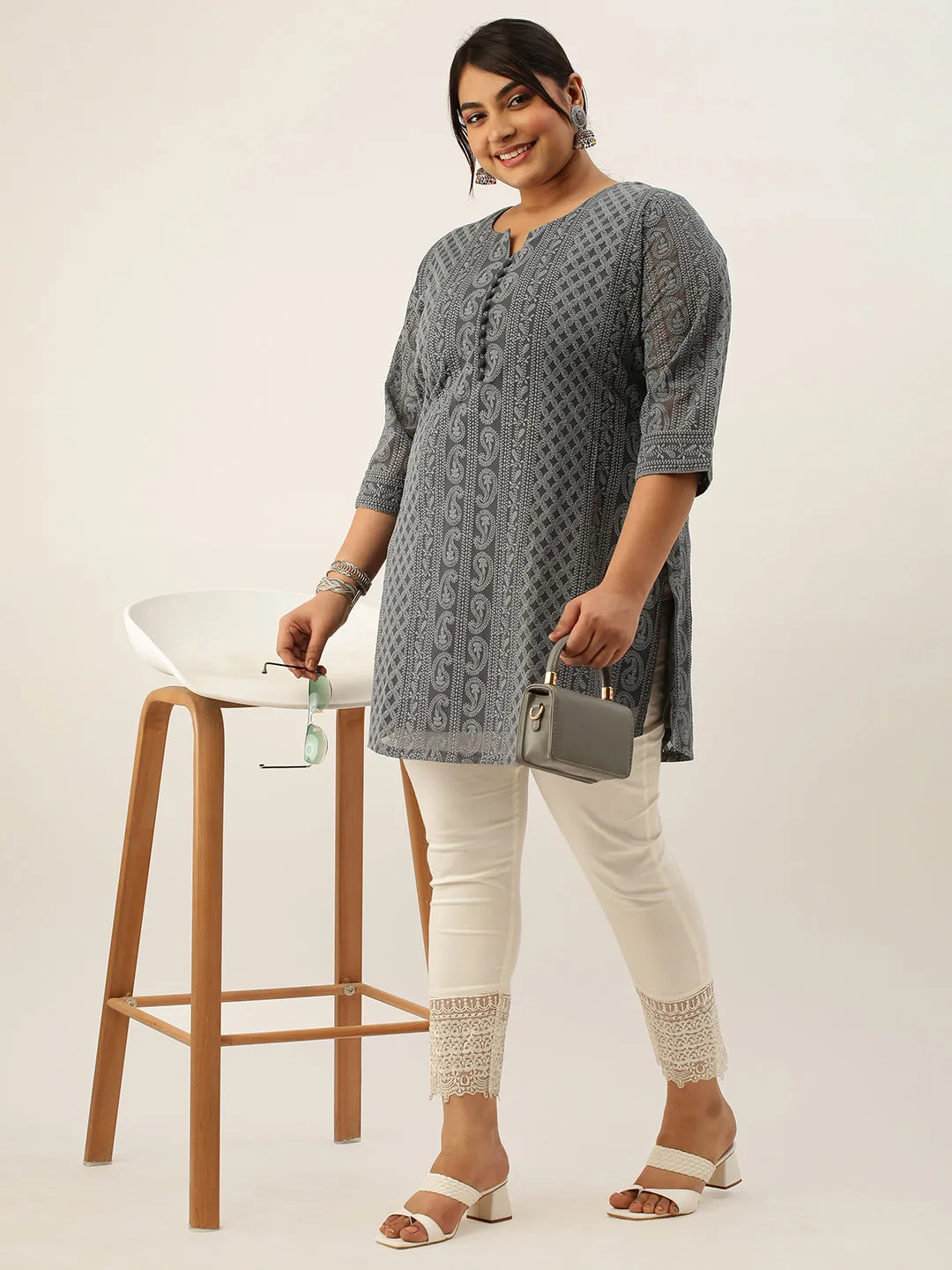 Grey Plus Size Chikankari Tunic For Women - Paisley Embroidered Georgette Lucknowi Tunic
