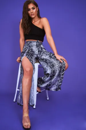 Grey Snake Print Wide Leg Belted Trousers - Brooklinn