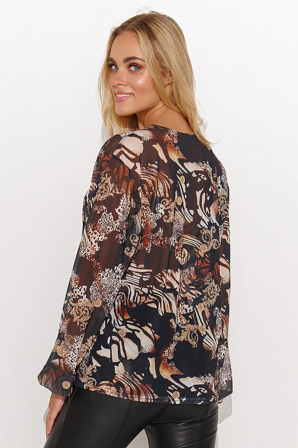 Heart Neck Loose-Fit Mesh Blouse