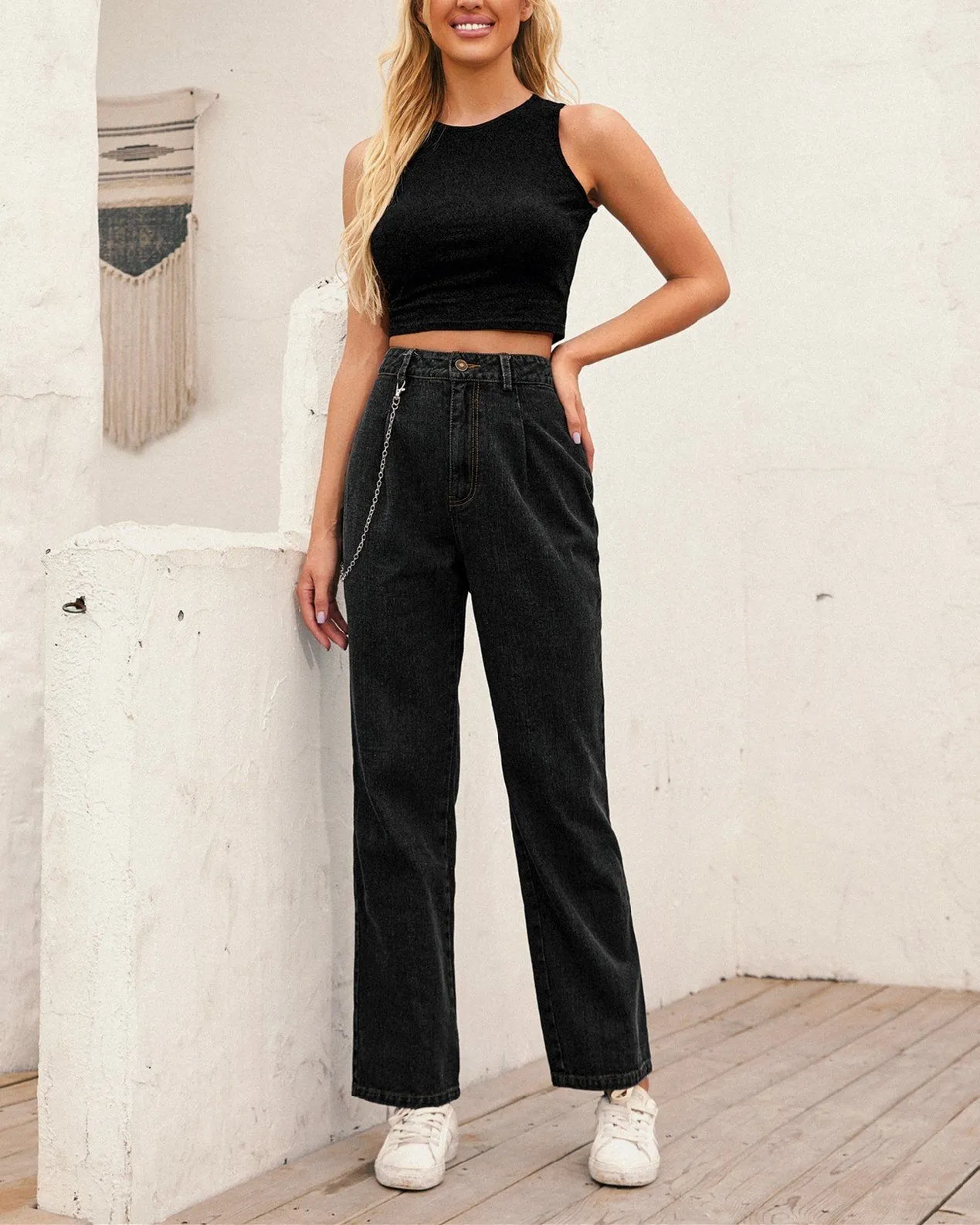 High-Waisted Chain-Straight Denim Trousers - Black