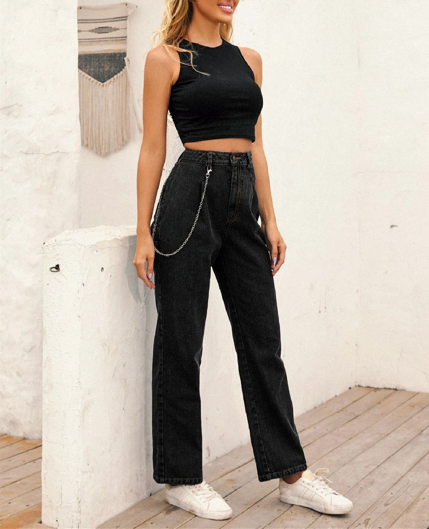 High-Waisted Chain-Straight Denim Trousers - Black