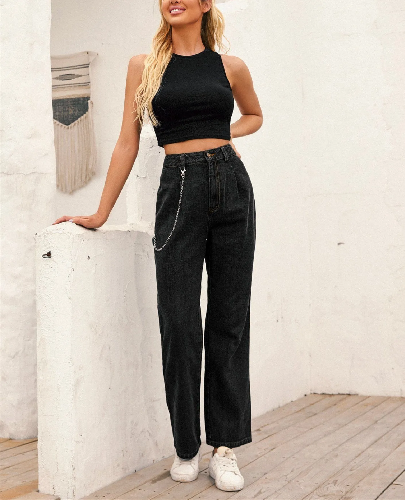 High-Waisted Chain-Straight Denim Trousers - Black