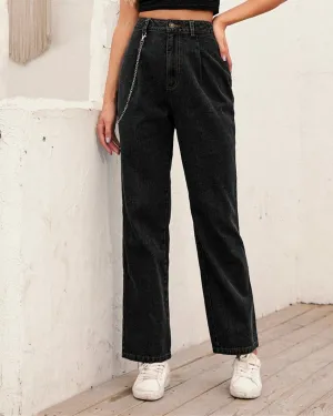 High-Waisted Chain-Straight Denim Trousers - Black