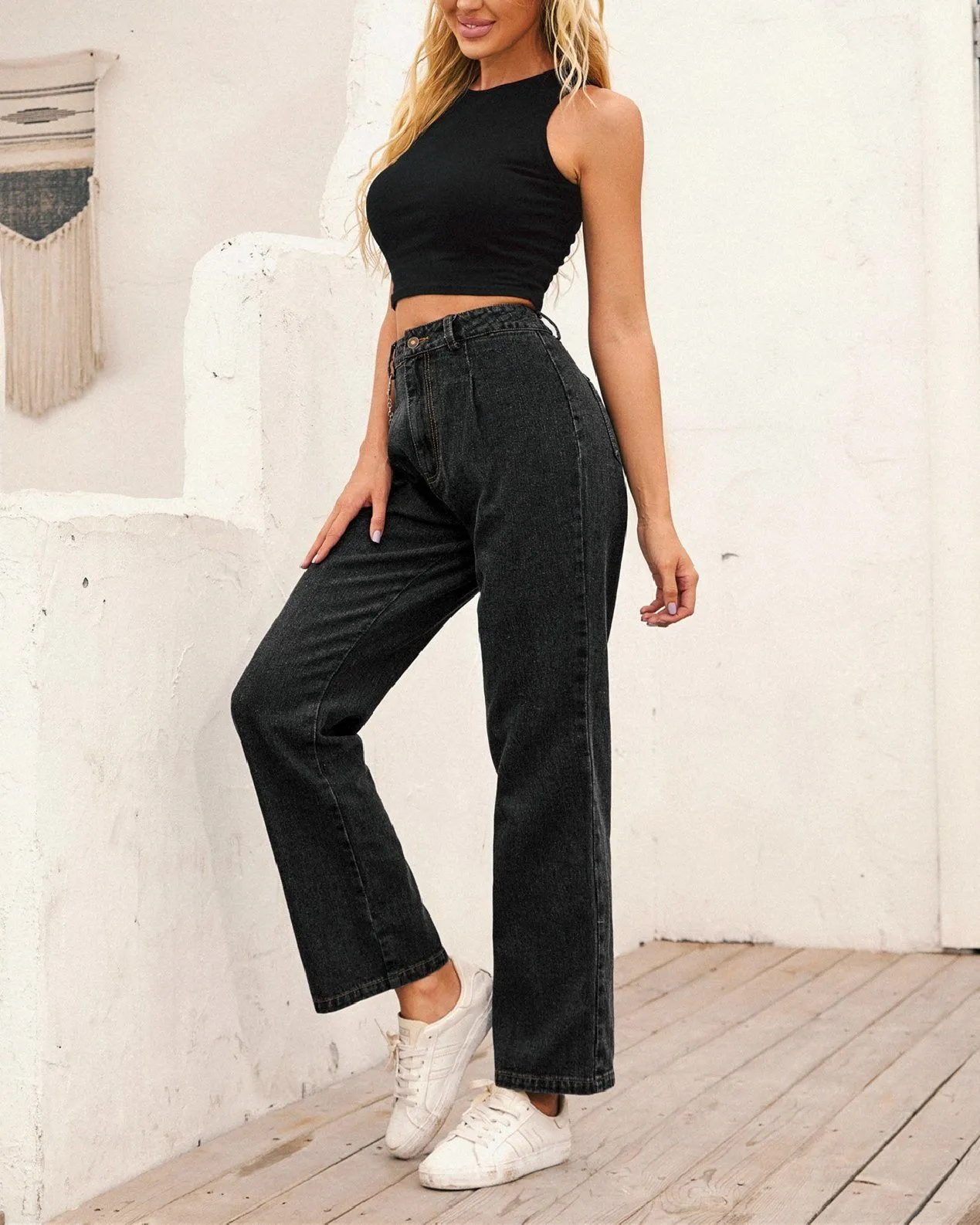 High-Waisted Chain-Straight Denim Trousers - Black