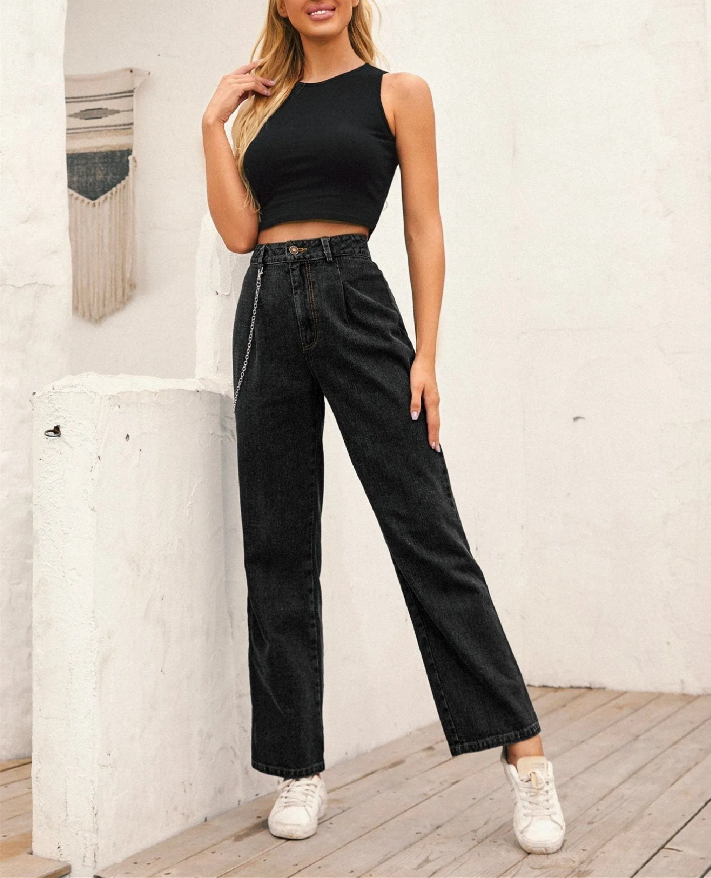 High-Waisted Chain-Straight Denim Trousers - Black