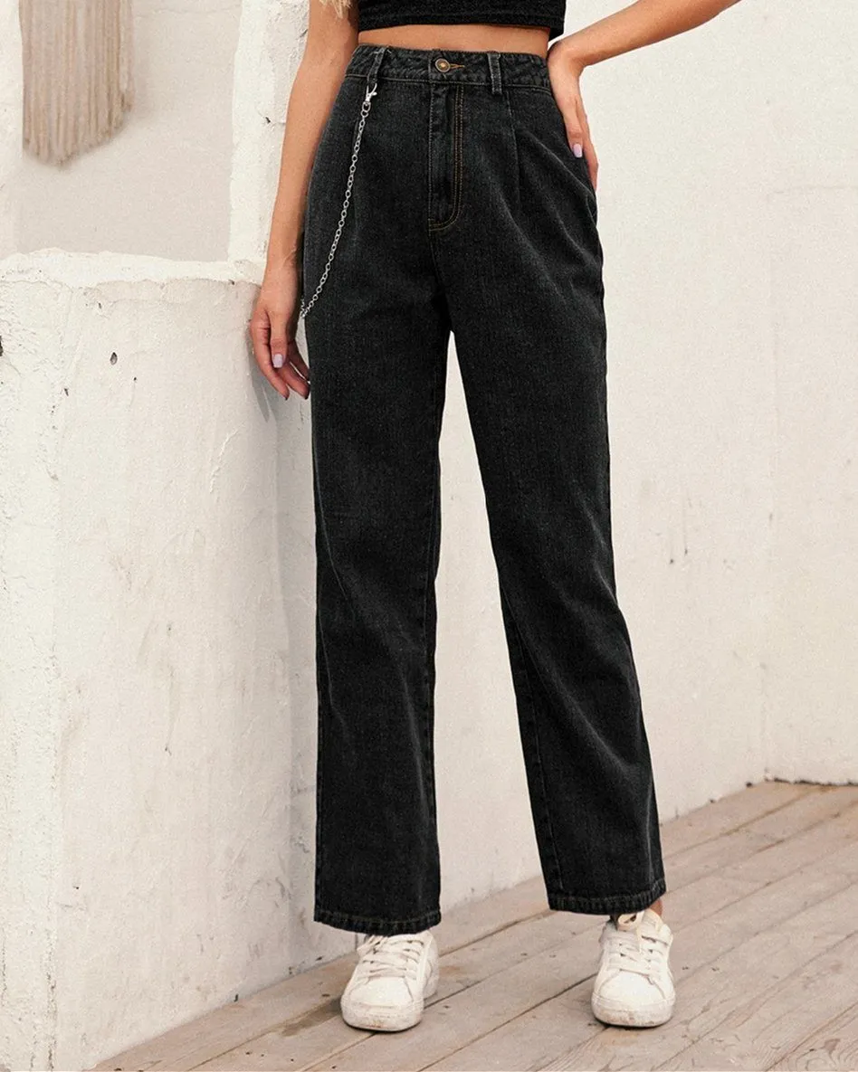 High-Waisted Chain-Straight Denim Trousers - Black