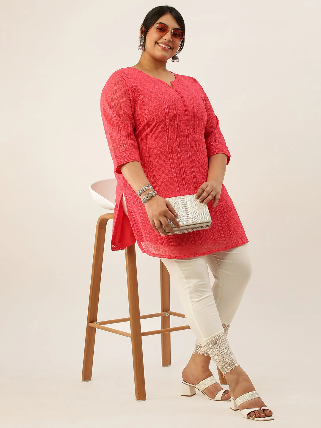 Hot Pink Chikankari Plus Size Tunic For Women - Paisley Embroidered Georgette Tunic
