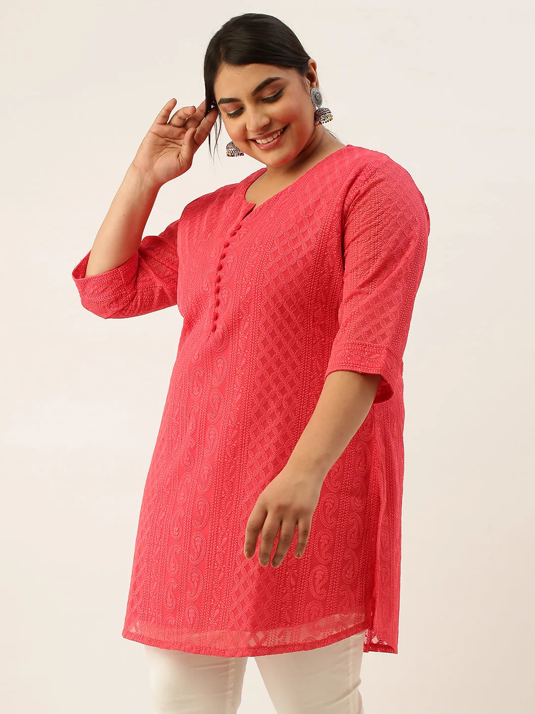 Hot Pink Chikankari Plus Size Tunic For Women - Paisley Embroidered Georgette Tunic