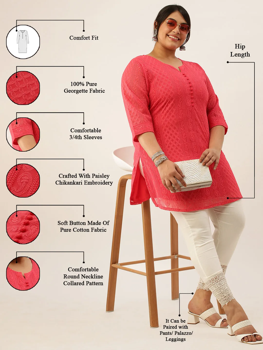 Hot Pink Chikankari Plus Size Tunic For Women - Paisley Embroidered Georgette Tunic