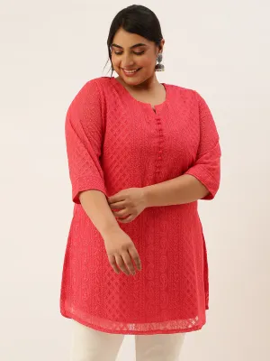 Hot Pink Chikankari Plus Size Tunic For Women - Paisley Embroidered Georgette Tunic