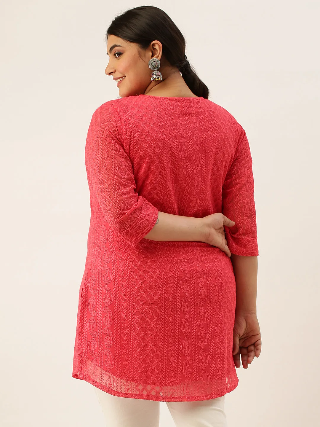 Hot Pink Chikankari Plus Size Tunic For Women - Paisley Embroidered Georgette Tunic