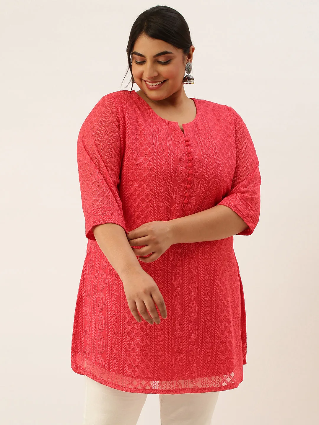 Hot Pink Chikankari Plus Size Tunic For Women - Paisley Embroidered Georgette Tunic