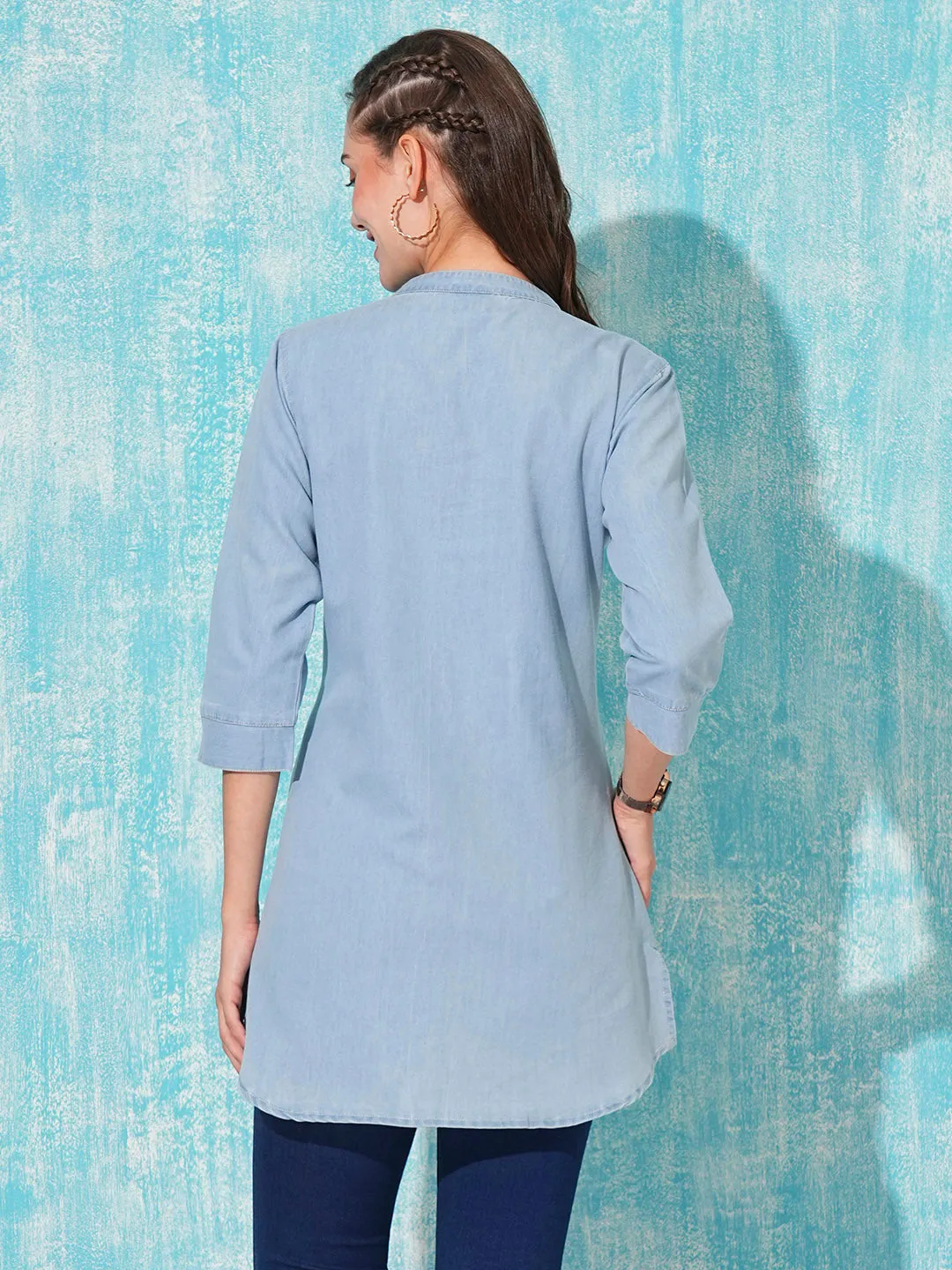 Ice Mandarin Collar Straight Denim Tunic for Women Online - Zola
