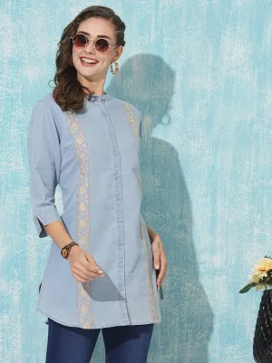 Ice Mandarin Collar Straight Denim Tunic for Women Online - Zola