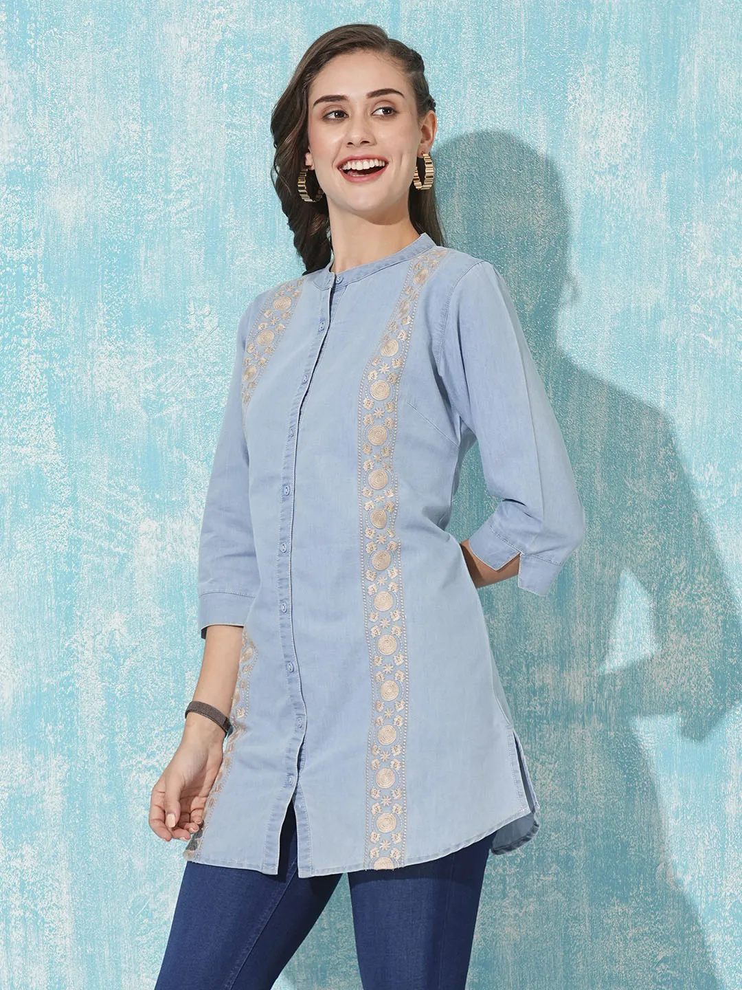 Ice Mandarin Collar Straight Denim Tunic for Women Online - Zola