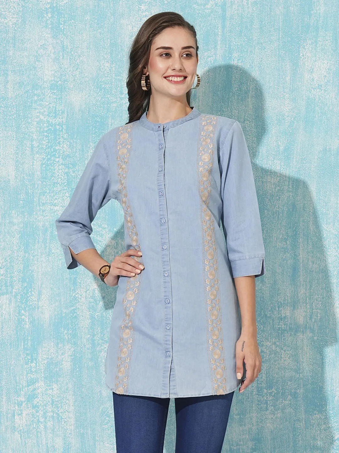 Ice Mandarin Collar Straight Denim Tunic for Women Online - Zola