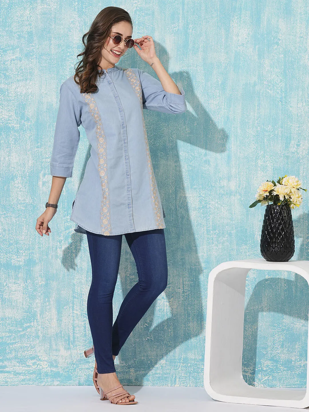 Ice Mandarin Collar Straight Denim Tunic for Women Online - Zola