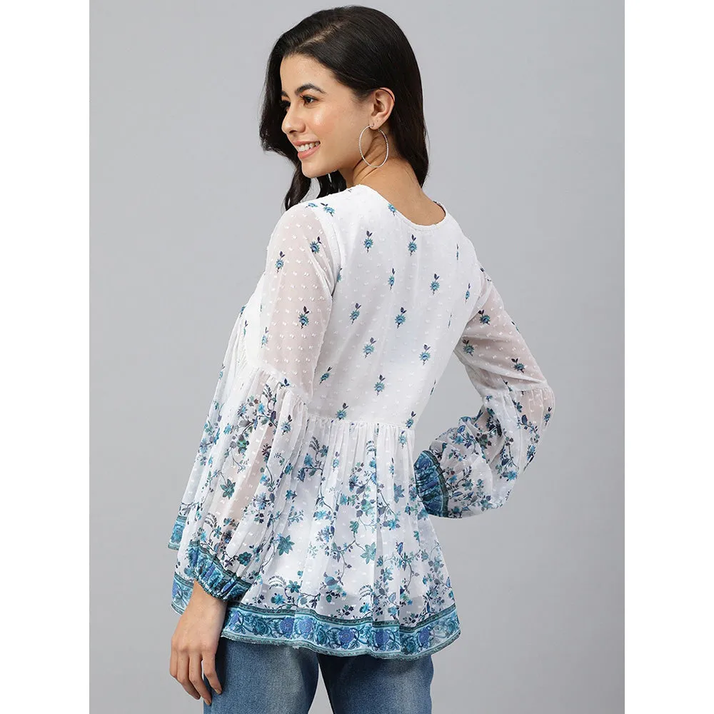 Janasya White Georgette Digital Print Flared Top