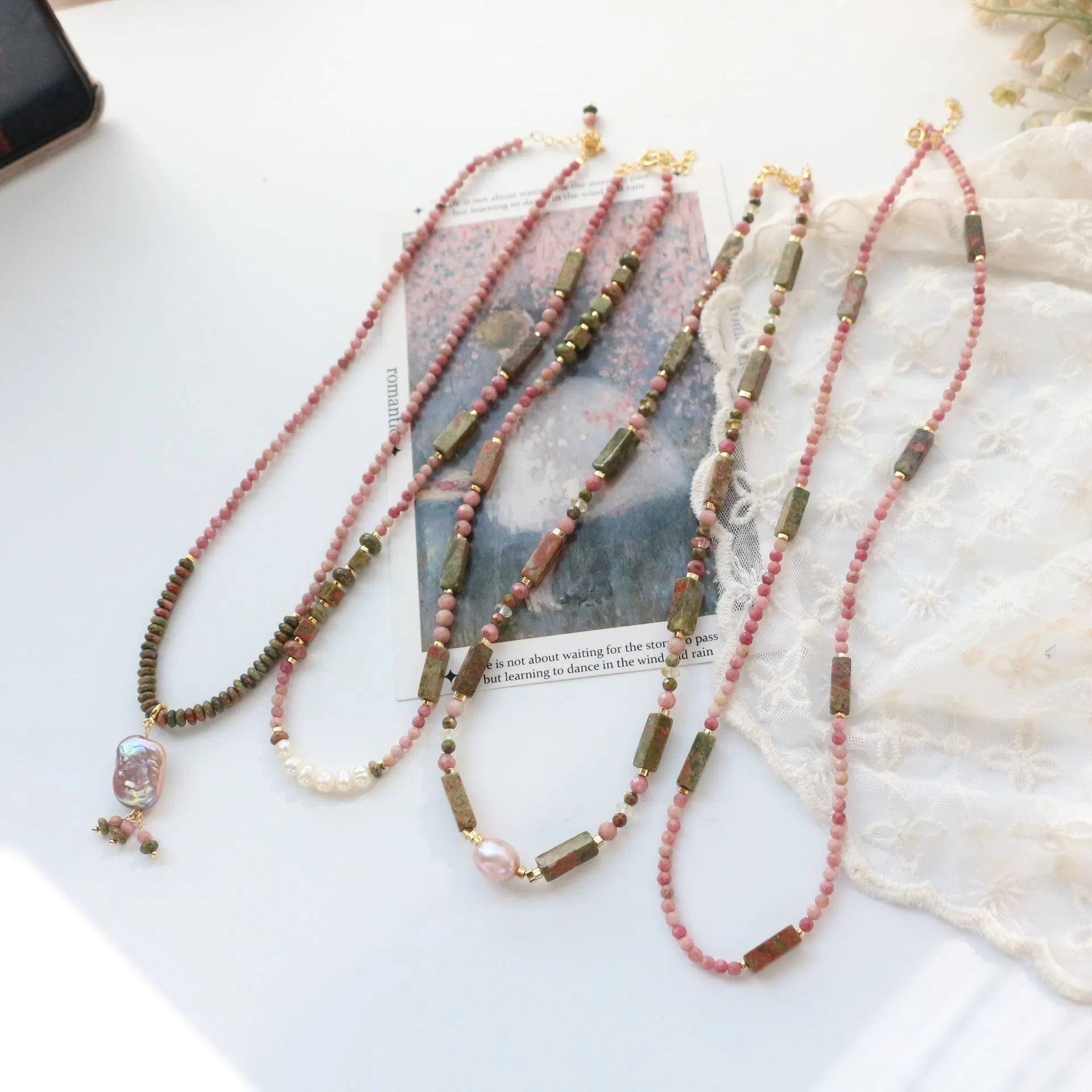 Jekira Rhodochrosite & Baroque Pearl Necklace Set