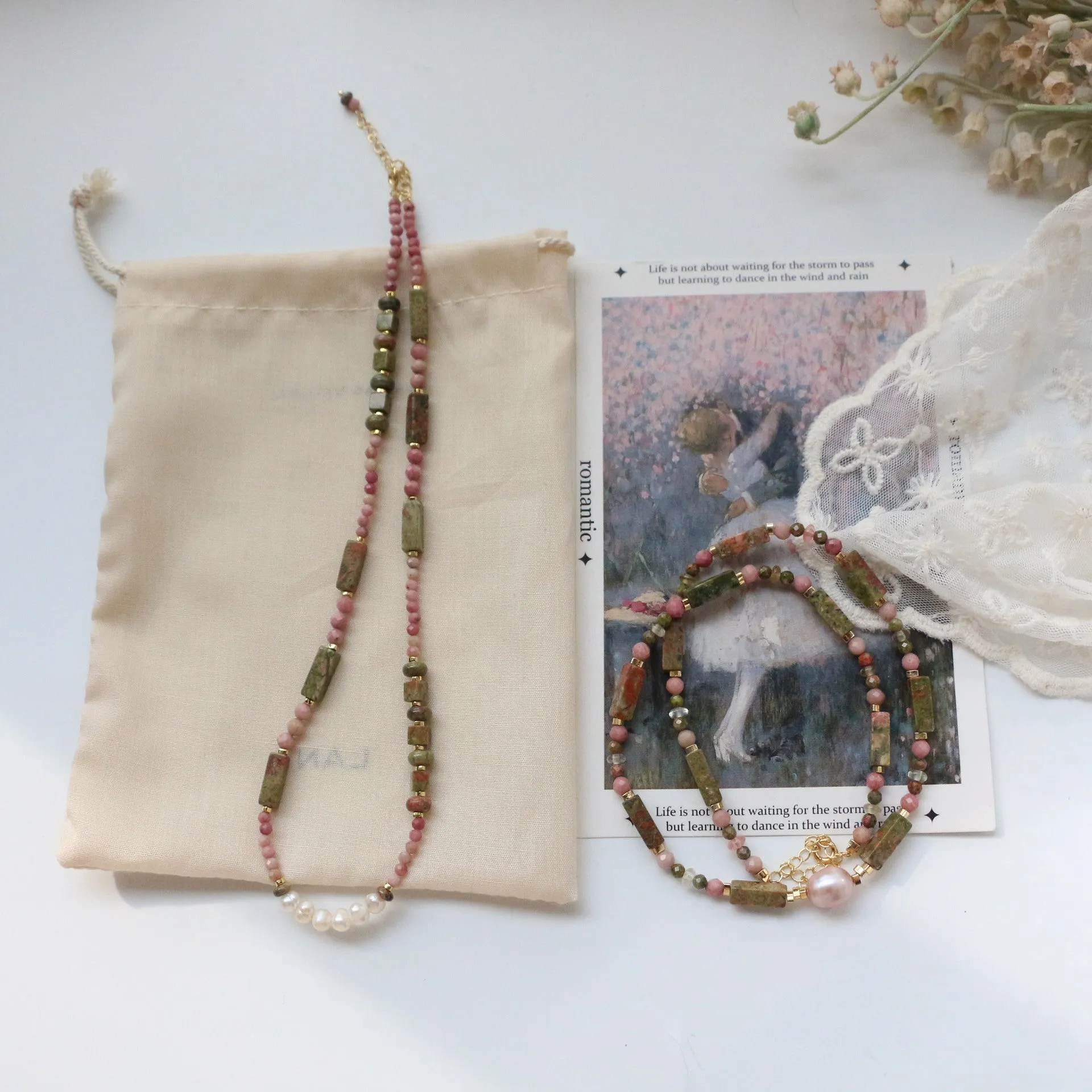 Jekira Rhodochrosite & Baroque Pearl Necklace Set