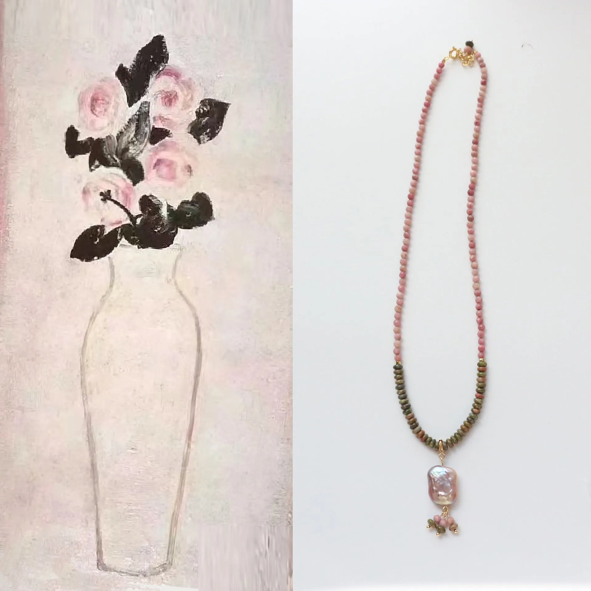 Jekira Rhodochrosite & Baroque Pearl Necklace Set