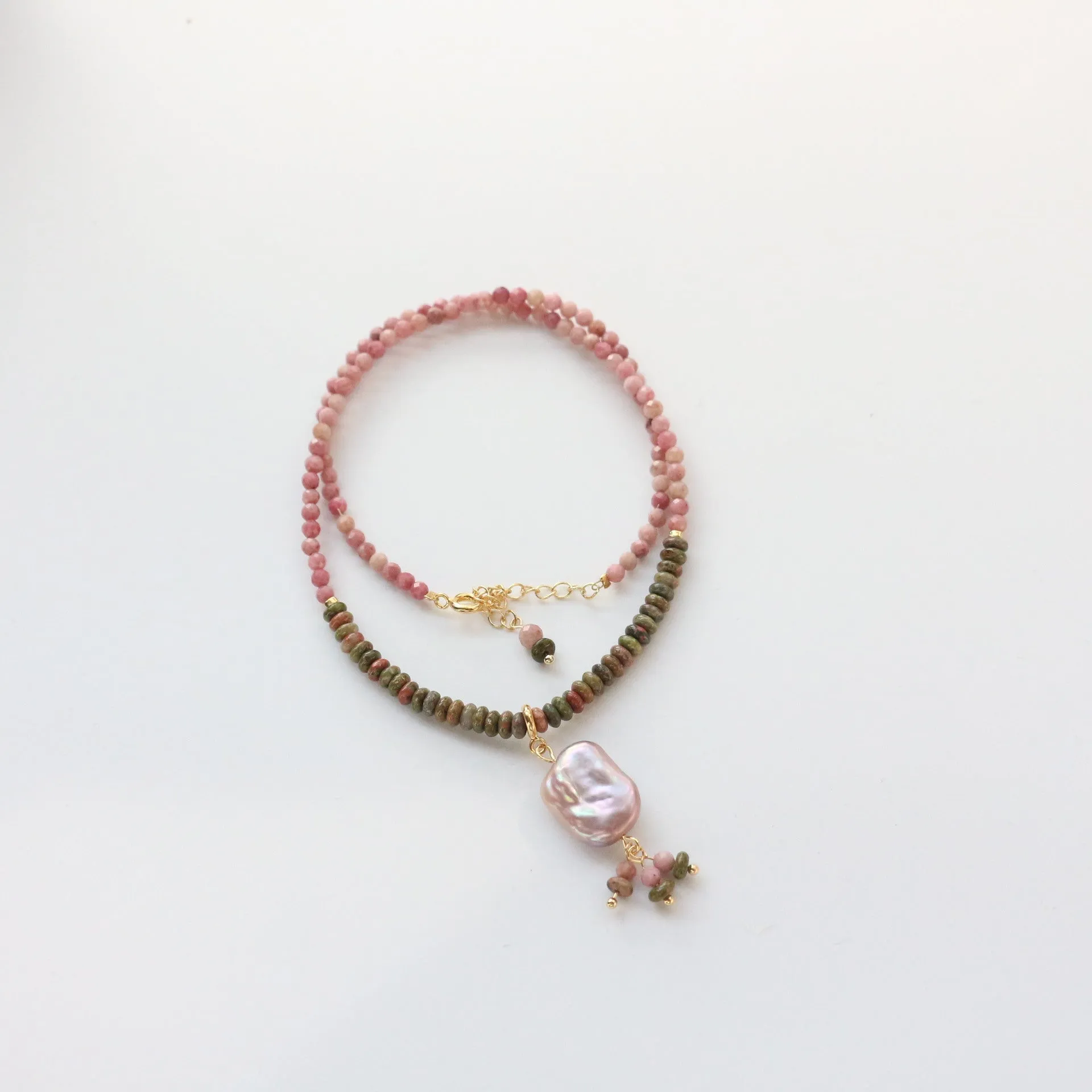 Jekira Rhodochrosite & Baroque Pearl Necklace Set